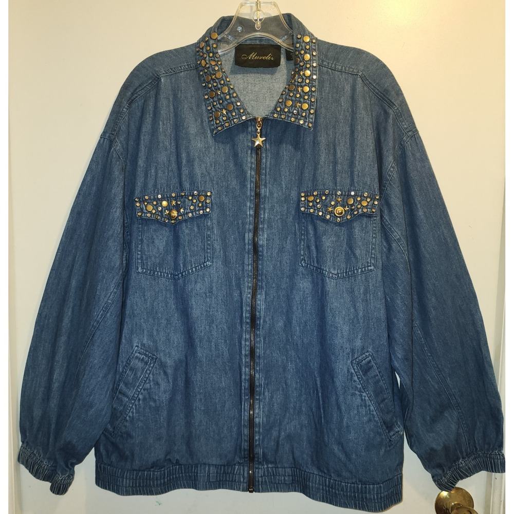 Mureli Vintage Studded Star Denim Bomber Jacket XL Blue Rhinestone Embellished